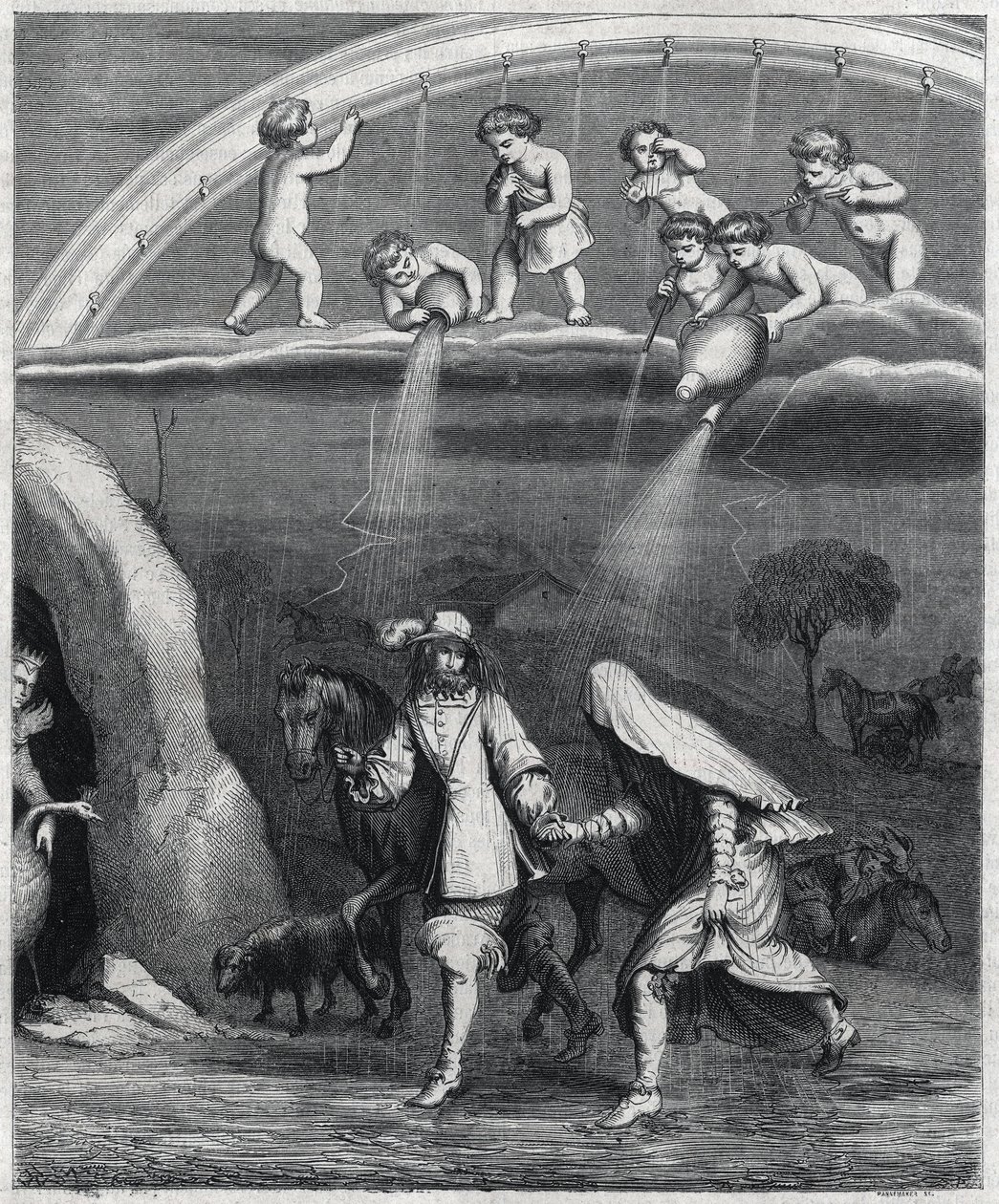 Enea e Didone sorpresi dalla pioggia nella foresta. Illustrazione di "Virgilio travestito" di Paul Scarron (1610-1660), una parodia dell