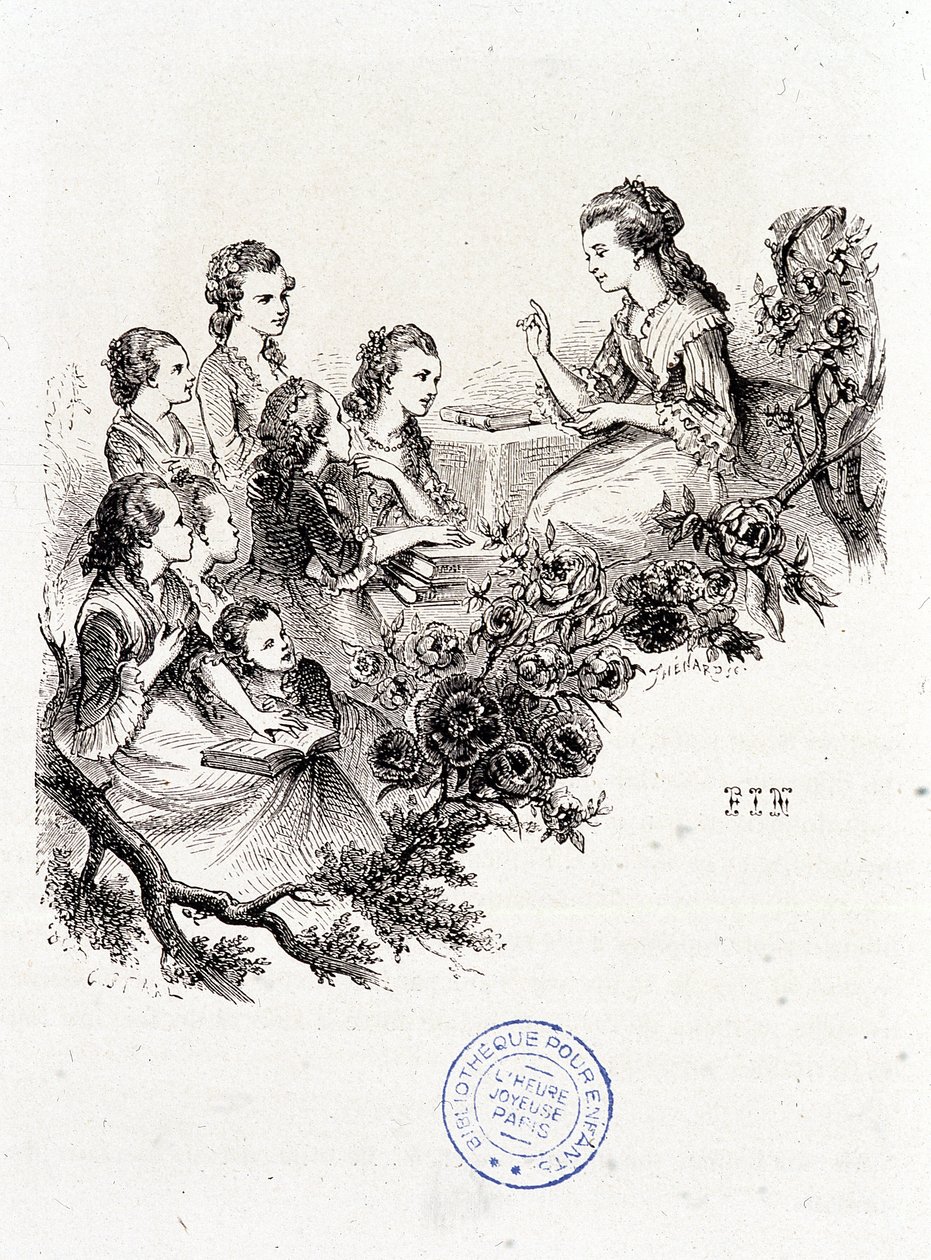 Giovane governante che racconta una storia a un gruppo di bambini - in "Le magasin des enfants" di Mme Leprince de Beaumont, ill. Staal, Garnier da Pierre Gustave Eugene Staal