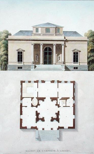 Casa di campagna a Laeken, da Choix des Monuments, Edifices et Maisons les plus remarquables du Royaume des Pays-Bas di Pierre Jacques Goetghebuer, pubblicato 1827 da Pierre Jacques Goetghebuer
