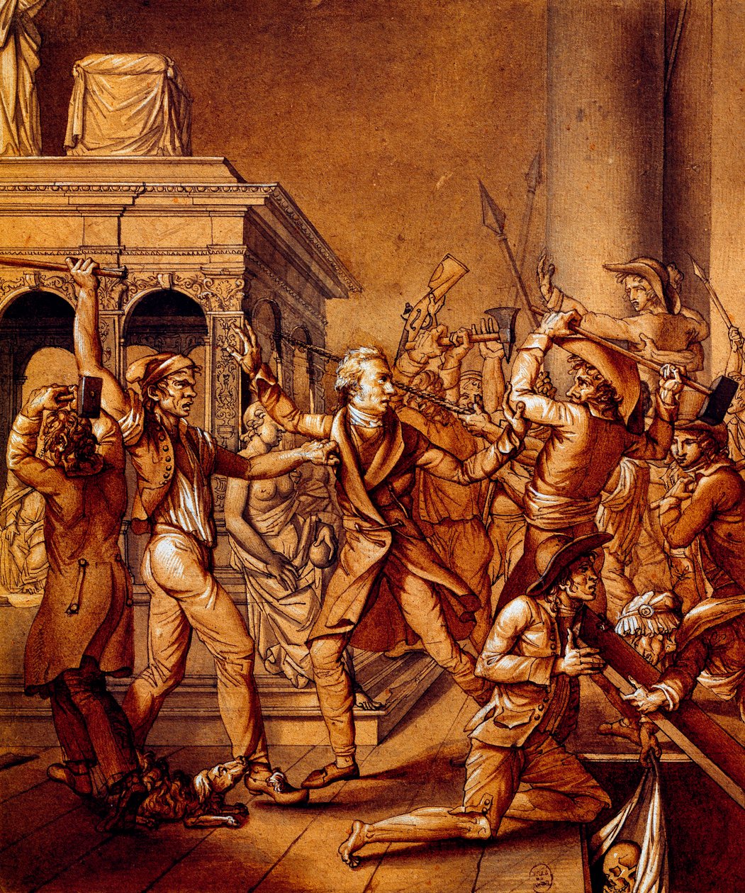 Alexandre Lenoir si oppone ai rivoluzionari quando vogliono distruggere la tomba del re francese Luigi XII alla basilica reale di Saint Denis nel 1793, al tempo della rivoluzione francese da Pierre Joseph Lafontaine