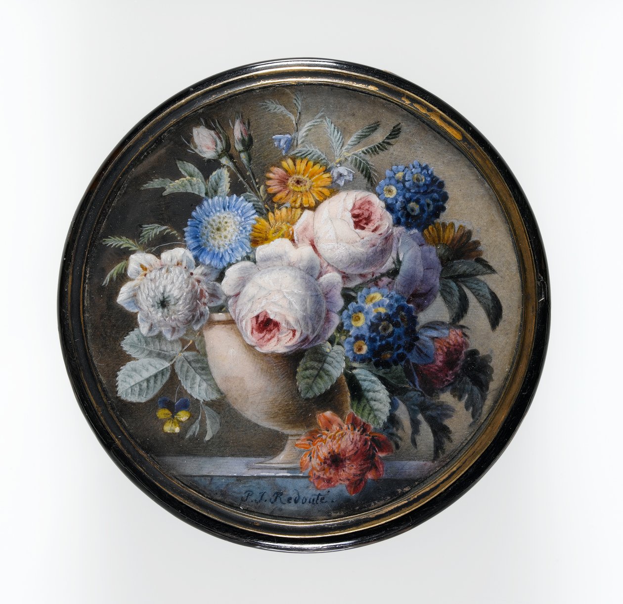 Scatola di tartaruga con un miniatura di fiori in un vaso di pietra su una lastra di marmo, 1827 da Pierre Joseph Redouté