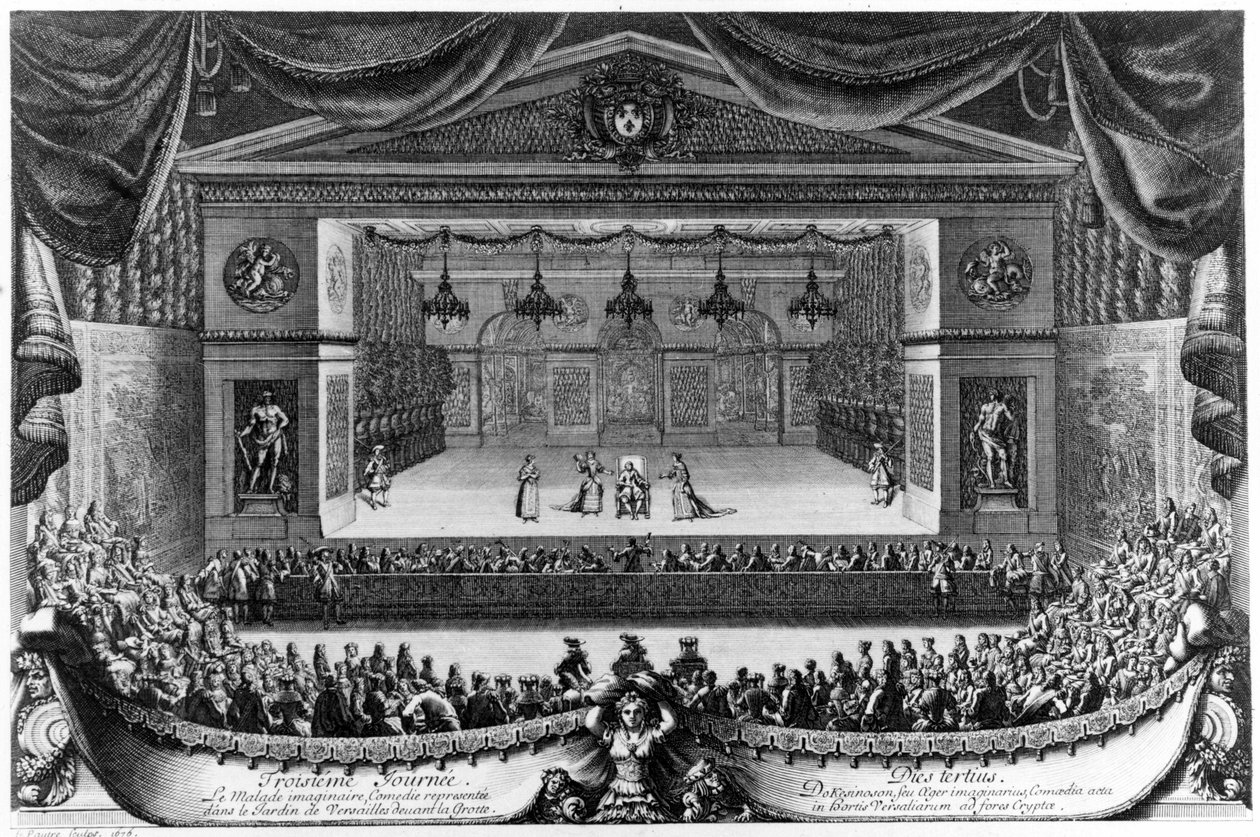 Terzo giorno: Il malato immaginario (di Molière), commedia rappresentata nel Giardino di Versailles davanti alla Grotta nel 1676, incisione di Pierre Lepautre (1660-1744) da Pierre Lepautre