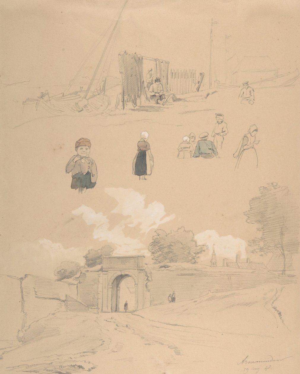 Foglio di studio con figure e paesaggi ad Arnemuiden vicino a Middelburg da Pierre Louis Dubourcq