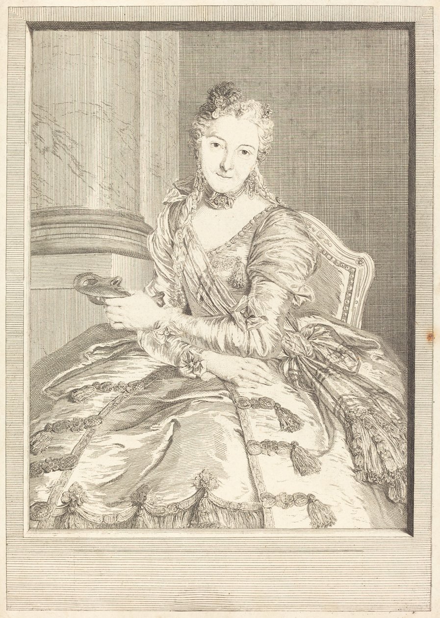 Mme. de M ... in abito da ballo da Pierre Louis de Surugue after Charles Antoine Coypel