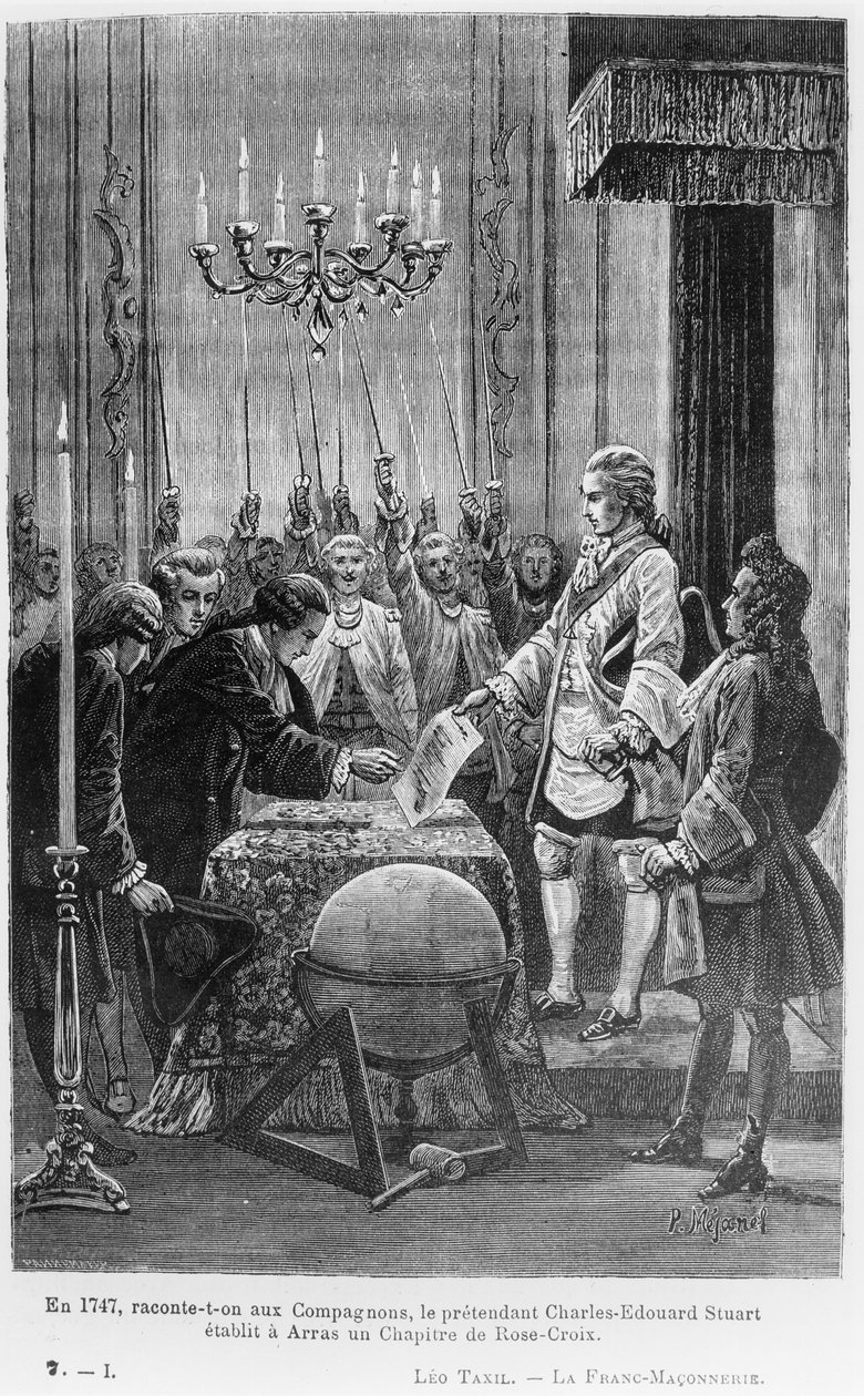 Nel 1747, ai Compagni viene detto, il pretendente Carlo Edoardo Stuart ha stabilito un Capitolo della Rosa Croce ad Arras, illustrazione da 