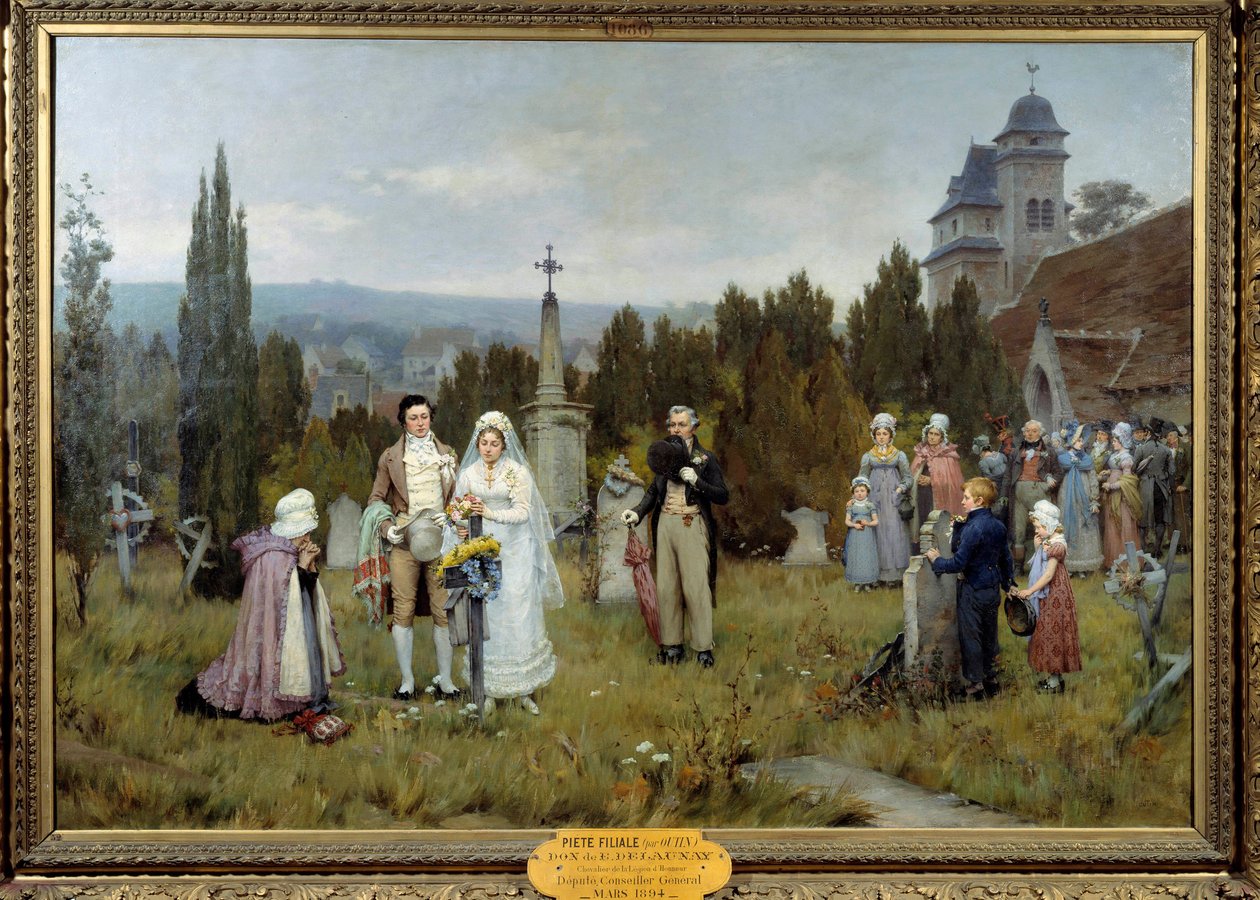 Pietà filiale. Scena di matrimonio, le giovani spose si radunano sulla tomba del padre defunto di una delle giovani spose. Dipinto di Pierre Outin (XIX secolo), Fécamp, museo centro delle arti da Pierre Outin