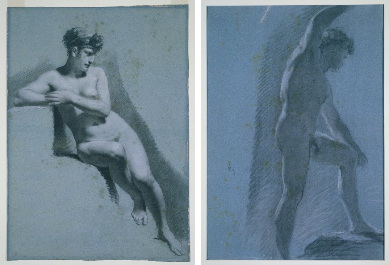 Studio di una donna nuda, seduta e rivolta a destra (recto) Studio di un nudo maschile (verso) da Pierre Paul Prud