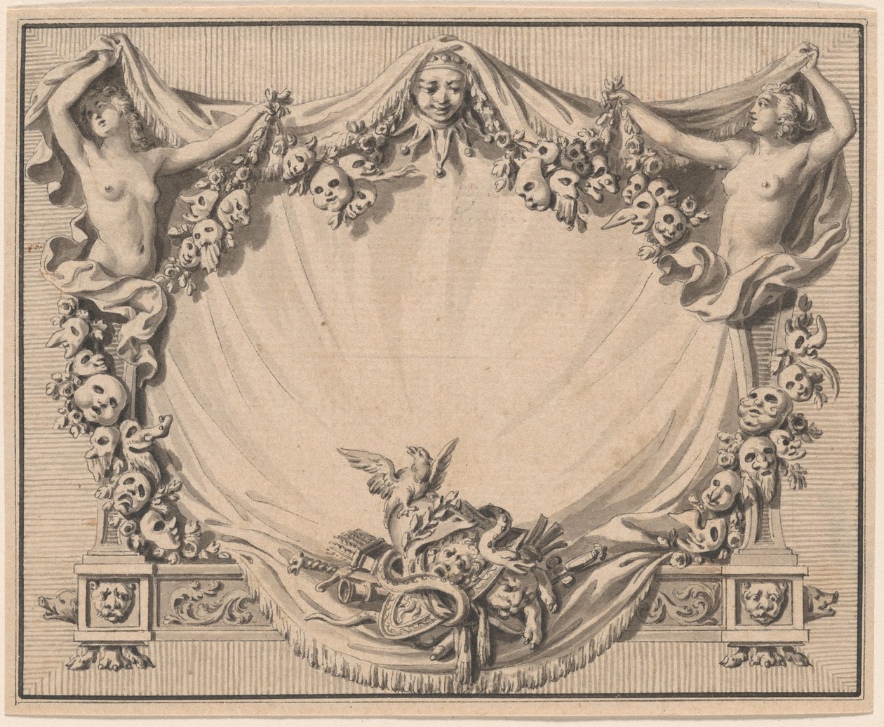 Cartiglio con maschere teatrali da Pierre Philippe Choffard