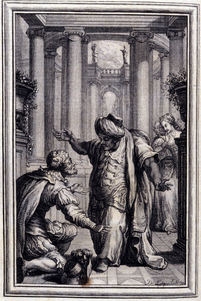 Il piccolo cane che scuote denaro e pietre - in "Racconti e novelle in versi" di Jean La Fontaine. 1776. Illustrazione di P.P. Choffard. da Pierre Philippe Choffard