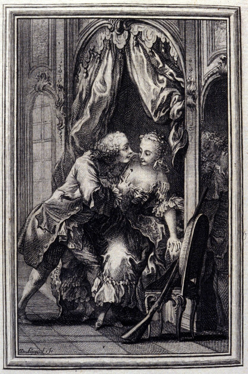 Les quiproquos - in "Contes et nouvelles en vers" di Jean La Fontaine. 1776. Illustrazione di P.P. Choffard. da Pierre Philippe Choffard