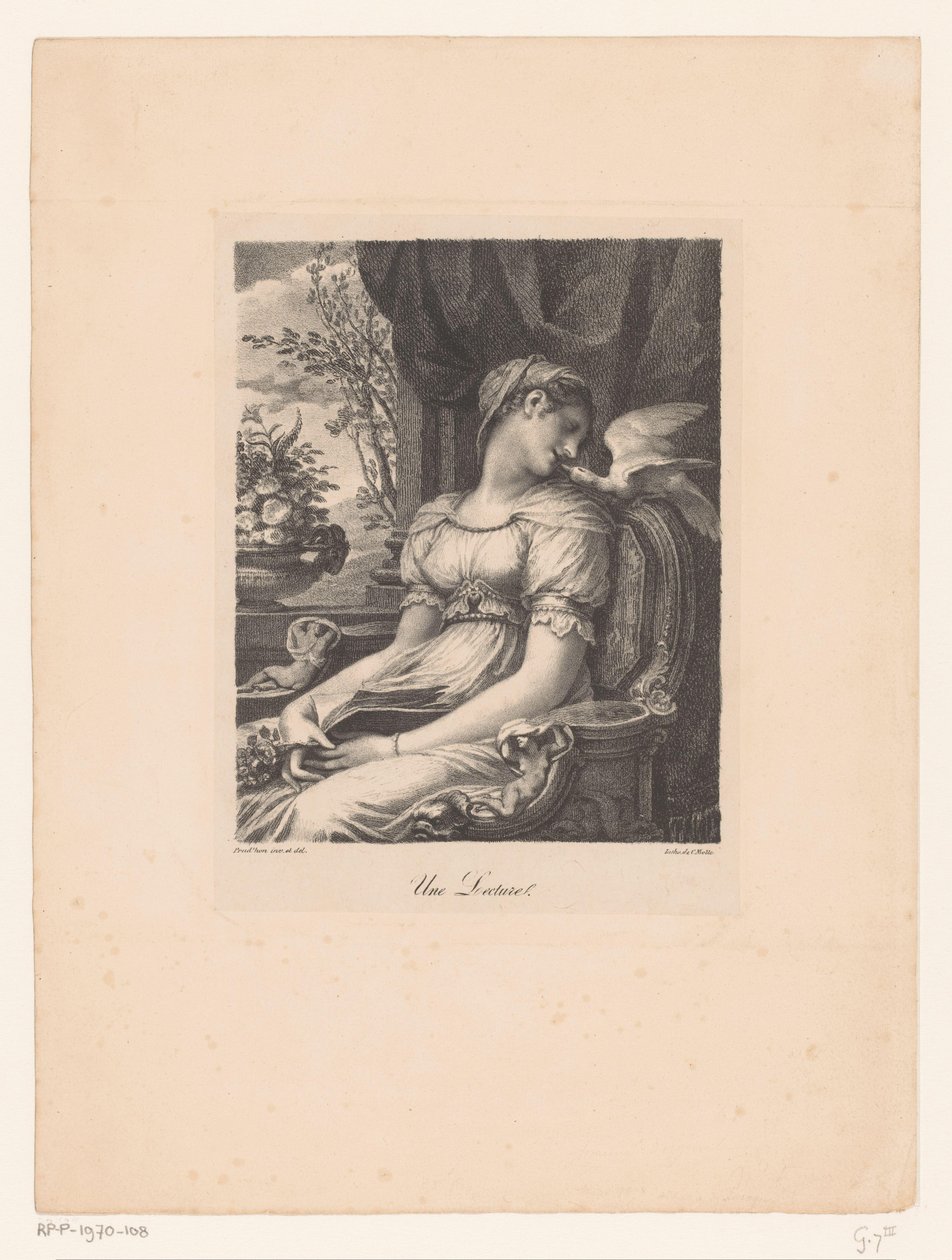 Donna seduta con libro e uccello bianco da Pierre Prud