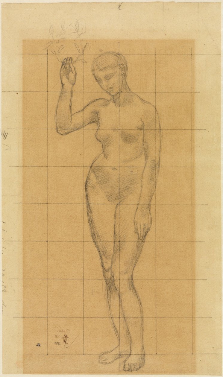 Stehender Frauenakt, schräg nach links, einen Kranz in der erhobenen Rechten da Pierre Puvis de Chavannes