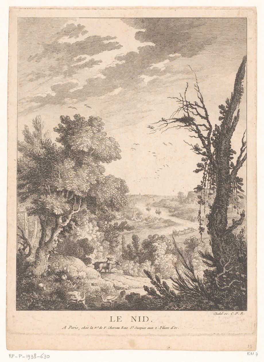 Paesaggio con cervi, conigli e uccelli e un fiume sullo sfondo da Pierre Quentin Chedel