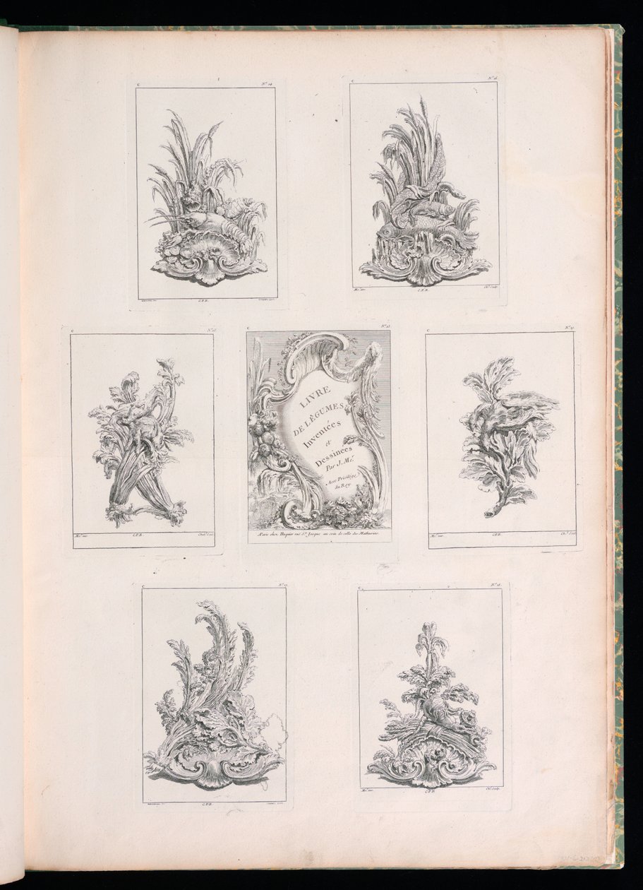 Progetto ornamentale con due uccelli morti sdraiati su un ramo di acanto, da Livre de Legumes da Pierre Quentin Chedel