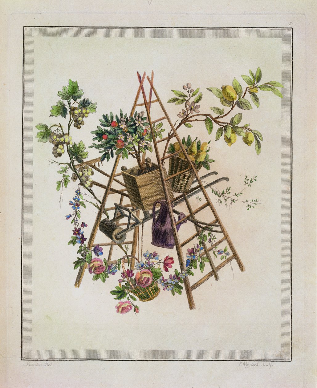 Un disegno tessile da giardino, da Oeuvre contenant un Receuil de Trophees, Attributs, Cartouches, Vases, Fleurs, Ornemens, et Plusieurs Dessins agréables pour broder des Fauteuils, inciso da Etienne C da Pierre Ranson