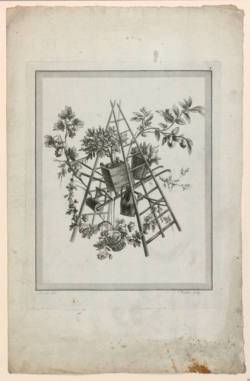 Trofeo con Strumenti di Giardinaggio, Tavola 2 da "Suite de différentes Attributs, Trophées, et Groupes de fleurs," Suite II da Pierre Ranson
