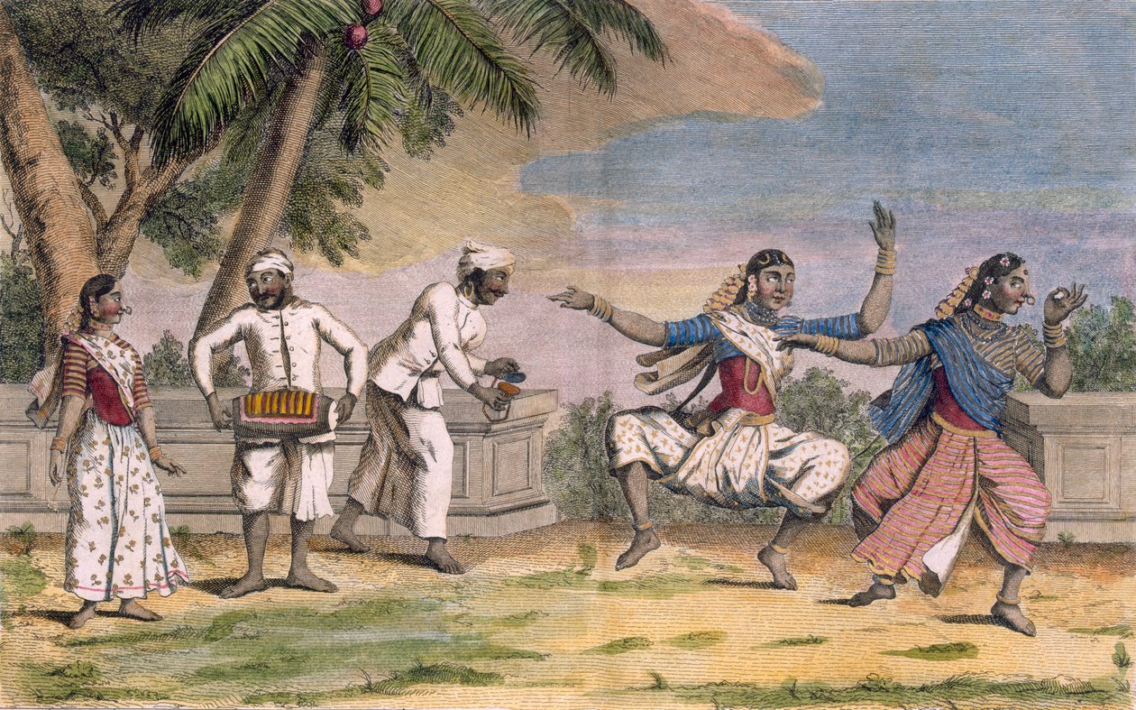 Una troupe di bayadere, o ballerine indiane, con musicisti maschi, illustrazione da 