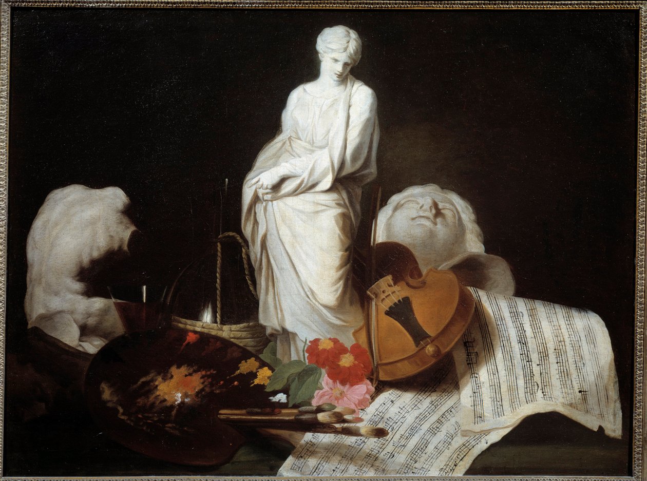 Gli attributi delle Arti: tavolozza del pittore, violino, spartiti, scultura. Dipinto di Pierre Subleyras da Pierre Subleyras