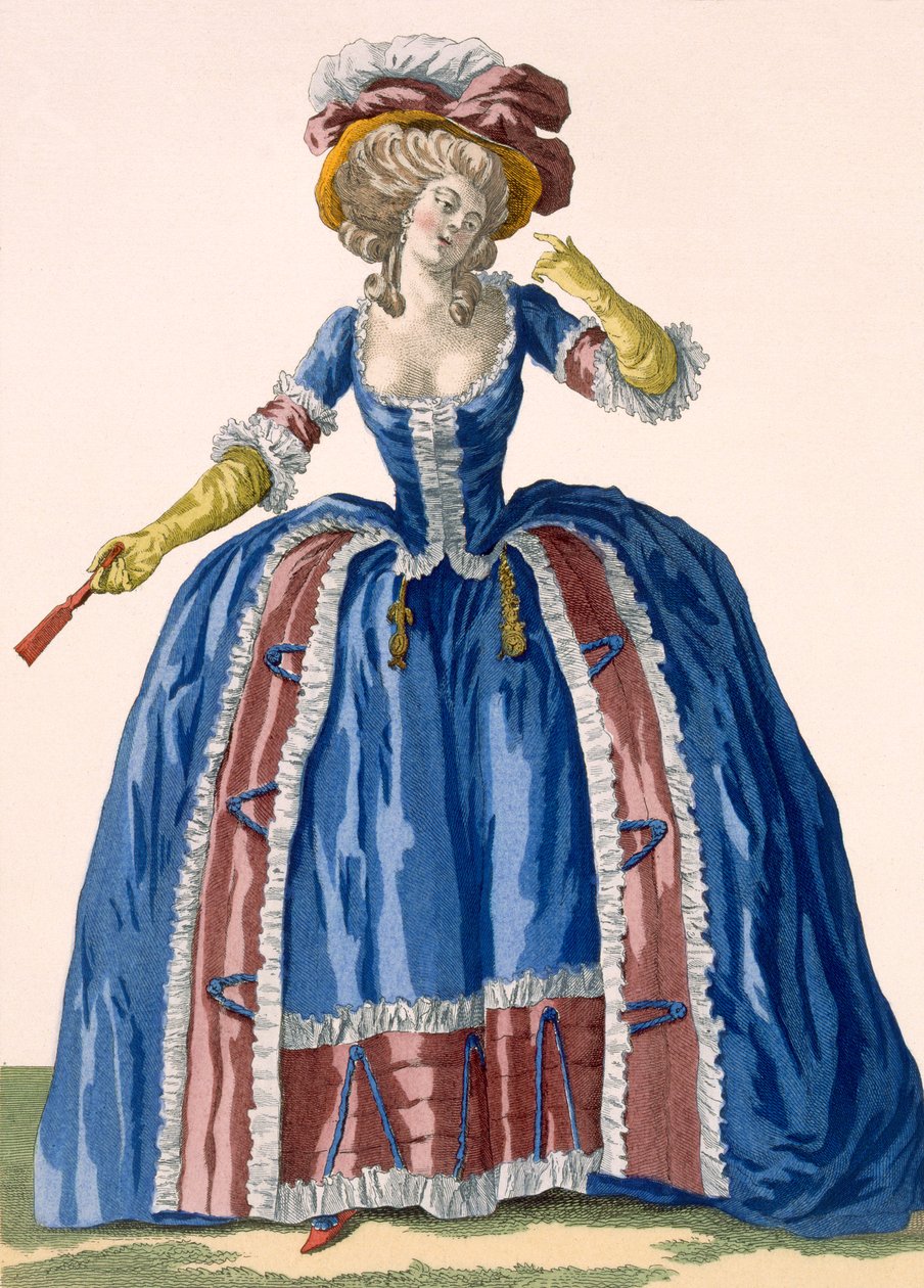 Abito a cerchio in stile inglese in blu elettrico con bordi arricciati bordeaux, inciso da Bacquoy, tavola n.182 da 
