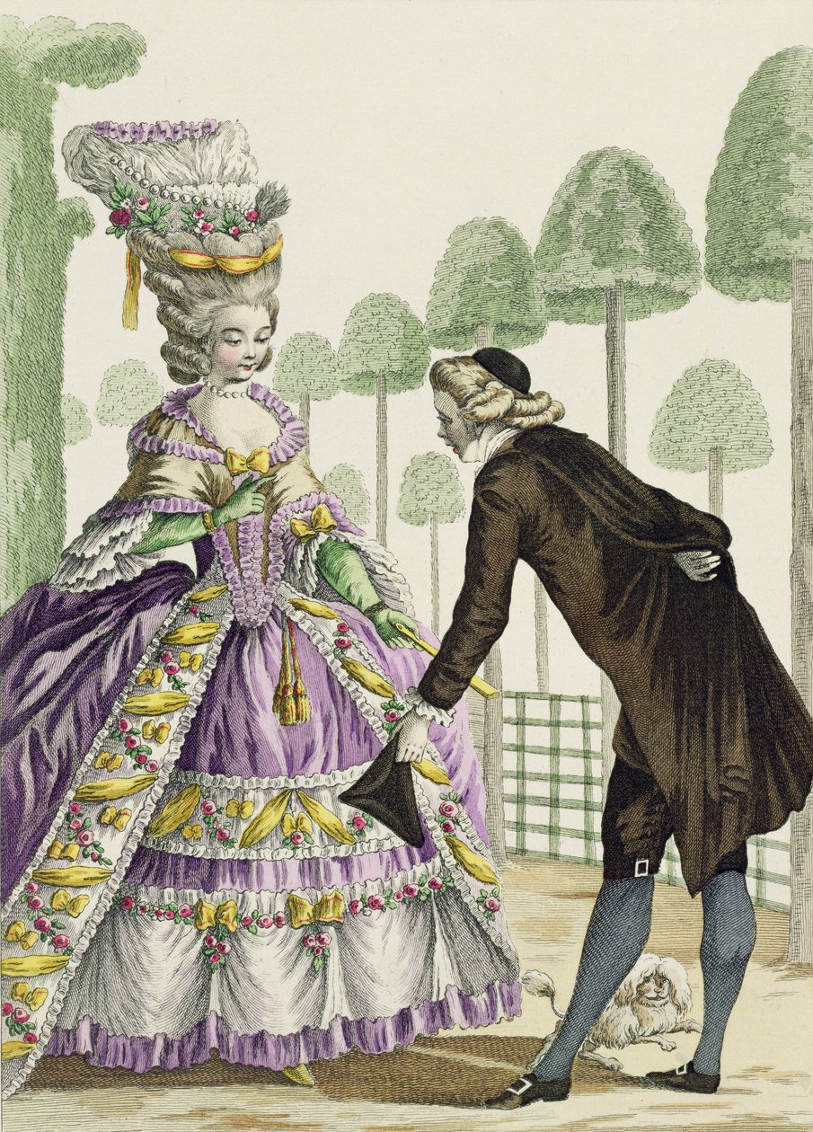 Signora in abito lilla passeggia nei giardini del Palais Royal, tavola 13 da 