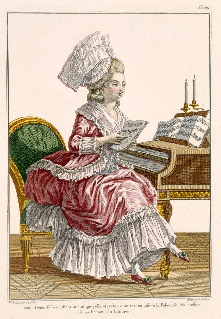 Giovane donna che studia musica al suo clavicembalo, tavola 149 da 