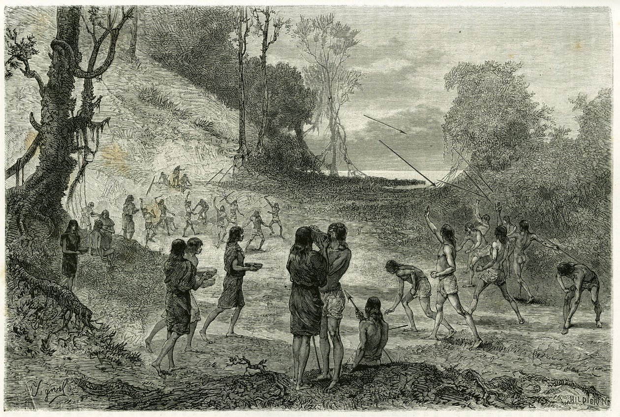 Giochi di giavellotto tra 2 tribù di Zaparros, gli uomini praticano e le donne cavalcano intorno ai giocatori senza paura e li servono bevande. Incisione di Vignal, per illustrare la storia "Amazzonia e Cordigliere" da Pierre Vignal