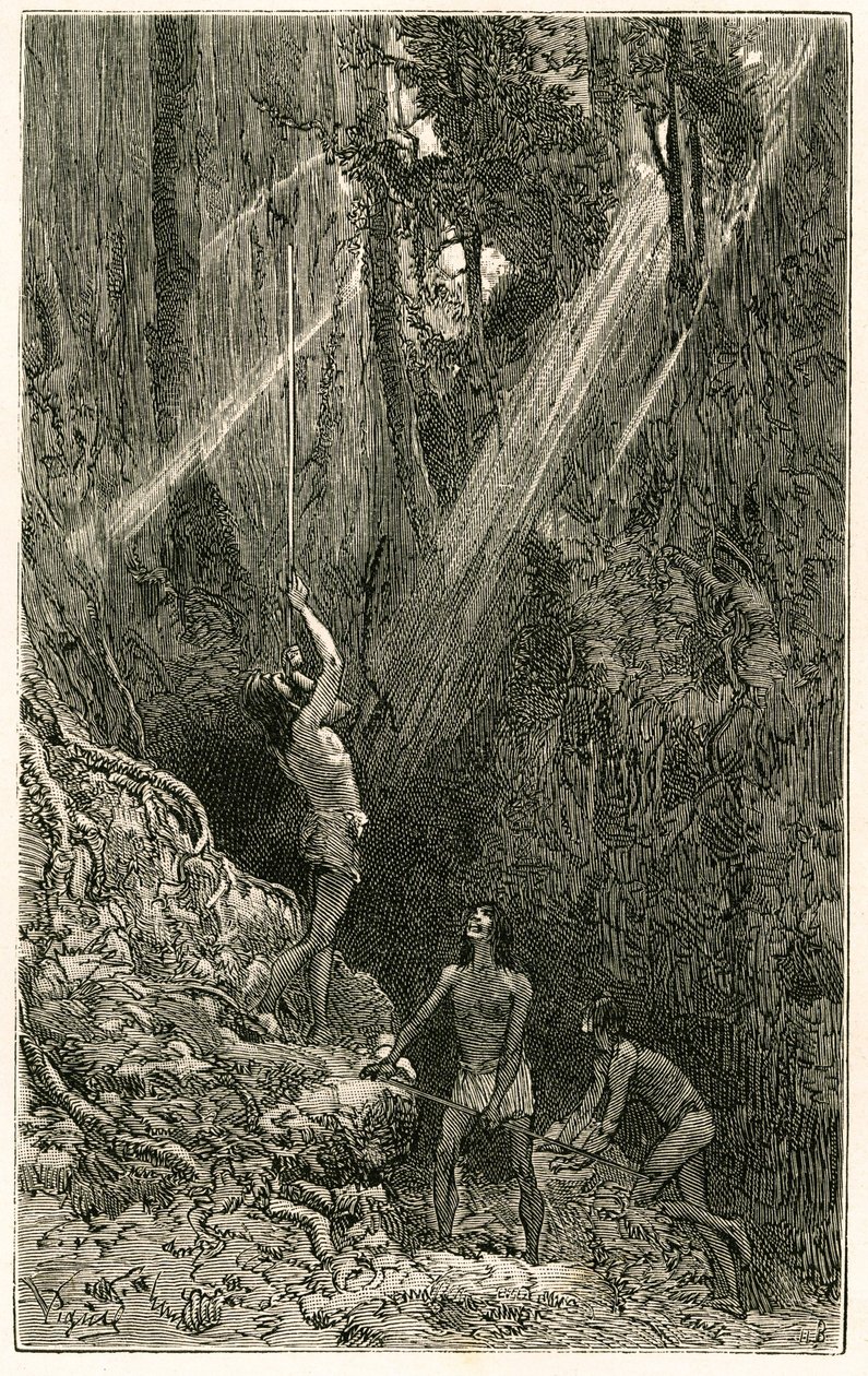Indiani Suno, dalle rive del fiume Napo (Amazzonia), caccia con cerbottana. Incisione di Vignal, per illustrare la storia "Amazzonia e Cordigliere" da Pierre Vignal