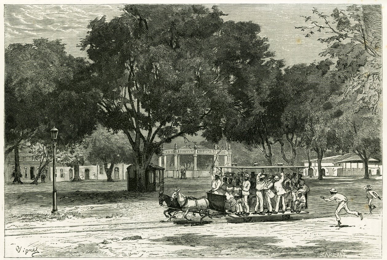 Tram, trainato da cavalli, nel porto di Para (Brasile), sul largo di Nazareth. Incisione di Vignal, per illustrare la storia 