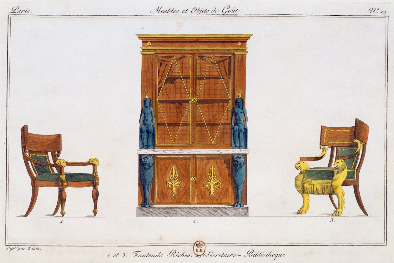 Poltrone e scrivania della biblioteca, tavola 12, illustrazione da Collection de meubles et objects de gout da Pierre de La Mesangere