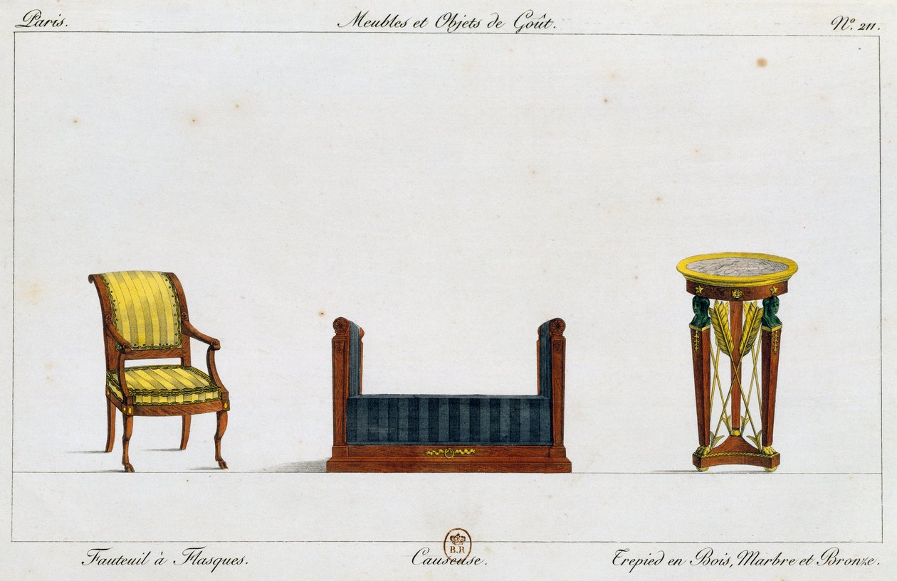 Poltrona con braccioli, divanetto e tavolo a treppiede, tavola 211, illustrazione da Collection de meubles et objets de goût da Pierre de La Mesangere