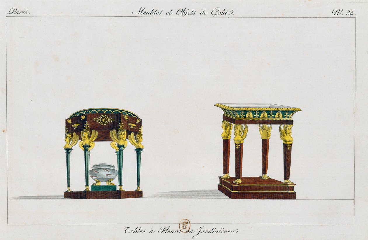Tavoli per fiori o supporti per fiori, tavola 84, illustrazione da Collection de meubles et objets de goût da Pierre de La Mesangere