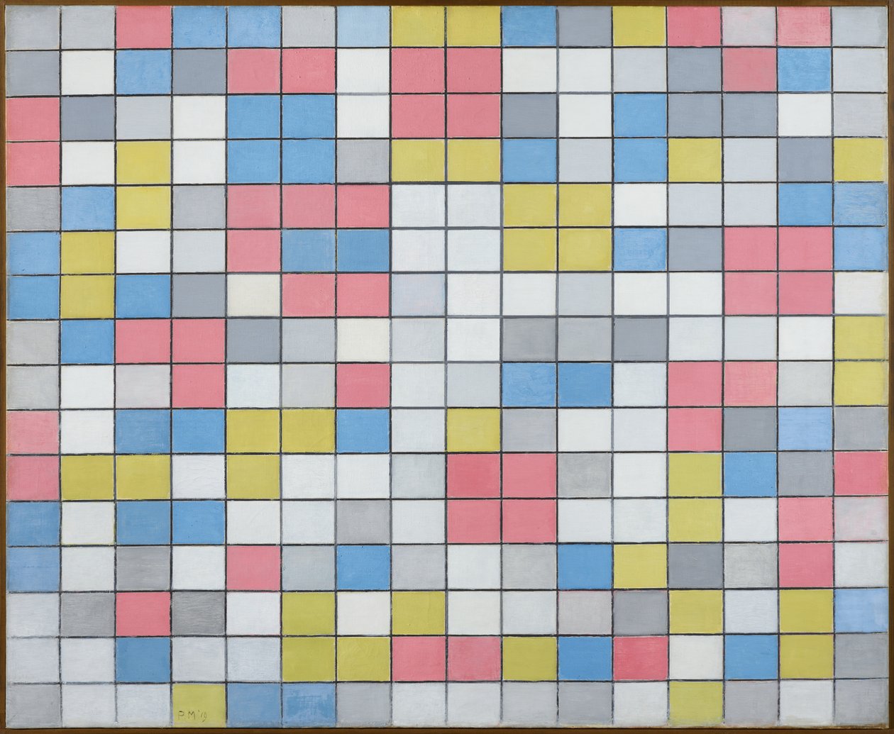 Composizione con griglia 9: Composizione a scacchiera con colori chiari da Piet Mondrian