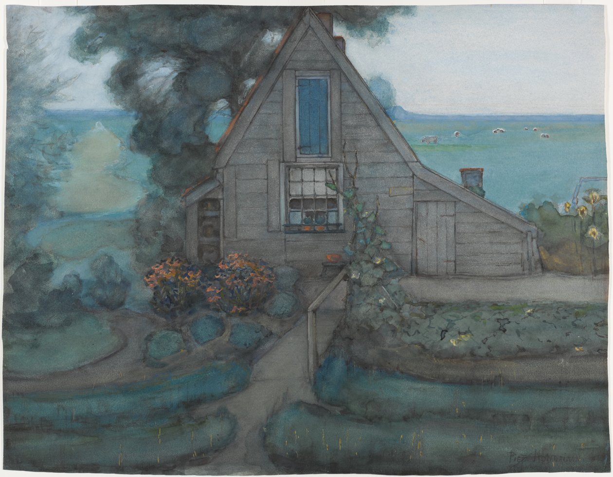 Facciata triangolata di una fattoria con polder in blu, c.1900 da Piet Mondrian