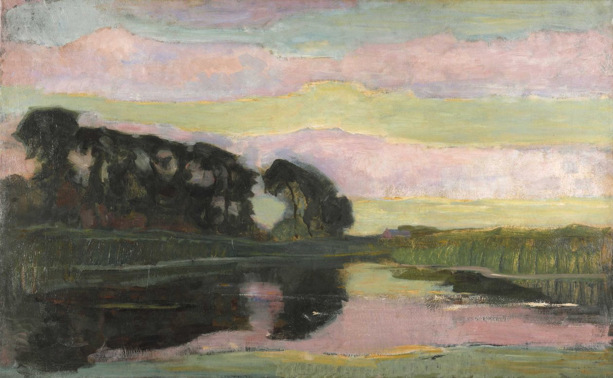 Paesaggio fluviale con cielo rosa e giallo-verde da Piet Mondrian