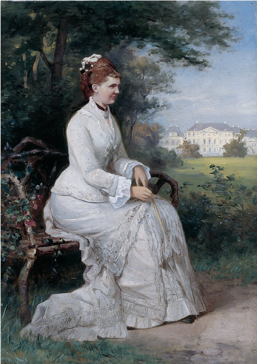 Ritratto della principessa Emma von Waldeck-Pyrmont seduta su una panchina nel parco del Palazzo Het Loo da Piet Schipperus