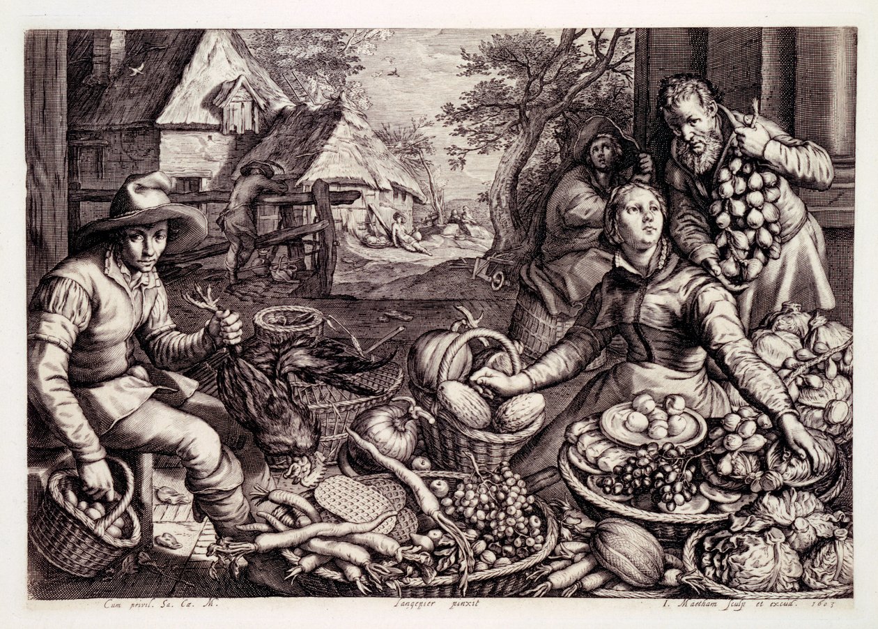 Prodotti autunnali e selvaggina, stampa realizzata da Jacob Matham, 1603 da Pieter Aertsen