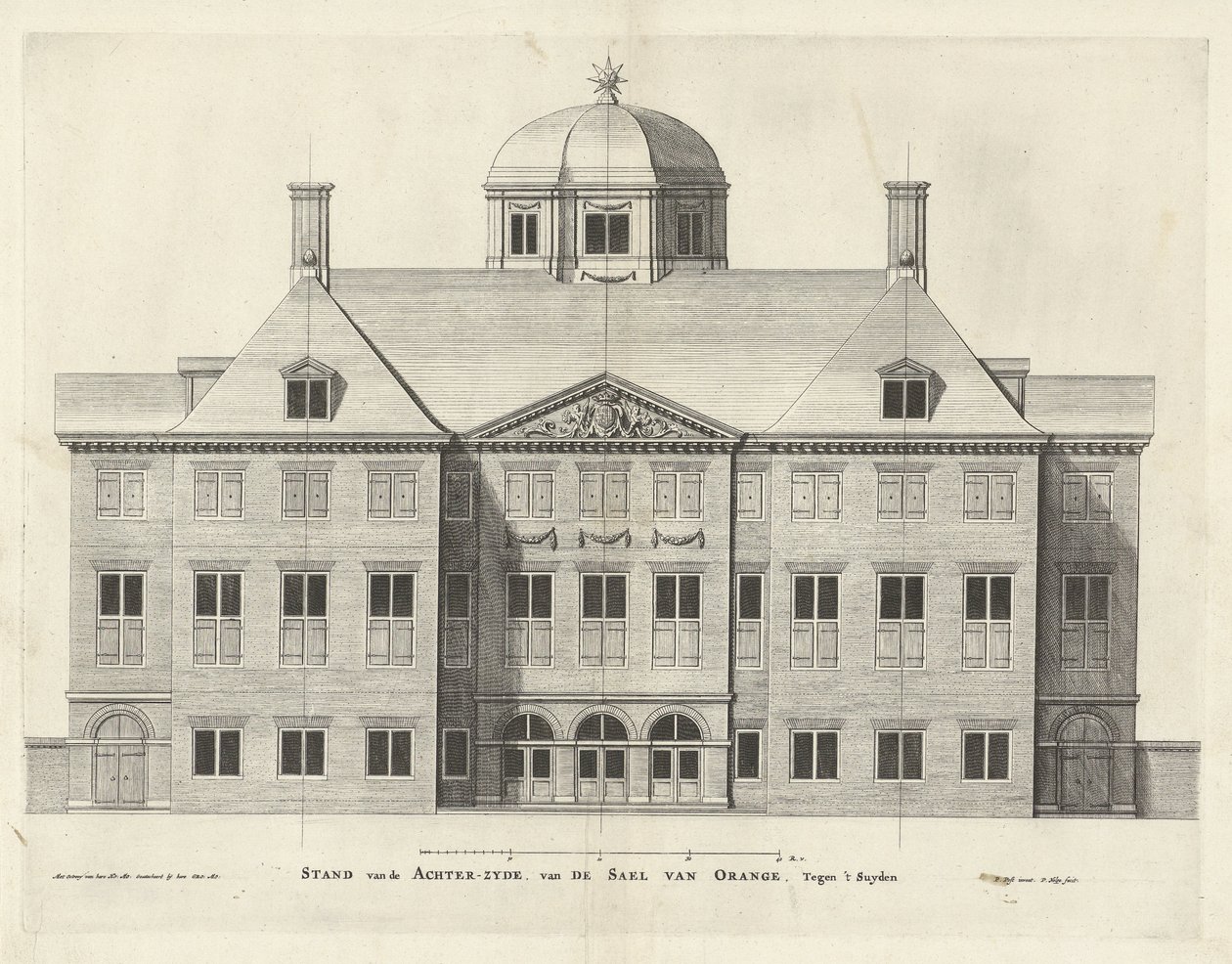 Retro del Palazzo Huis ten Bosch, Olanda, Pieter Nolpe dopo Pieter Jansz. Post, incisione 294 mm × 387 mm, 1655 da Pieter Nolpe