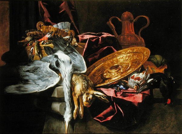 Natura morta con uccelli selvatici e un coniglio con un piatto in rilievo su un tavolo da Pieter or Peter Boel