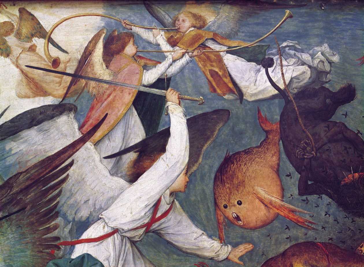 La Caduta degli Angeli Ribelli, dettaglio di angeli che combattono e suonano musica da Pieter Bruegel the Elder