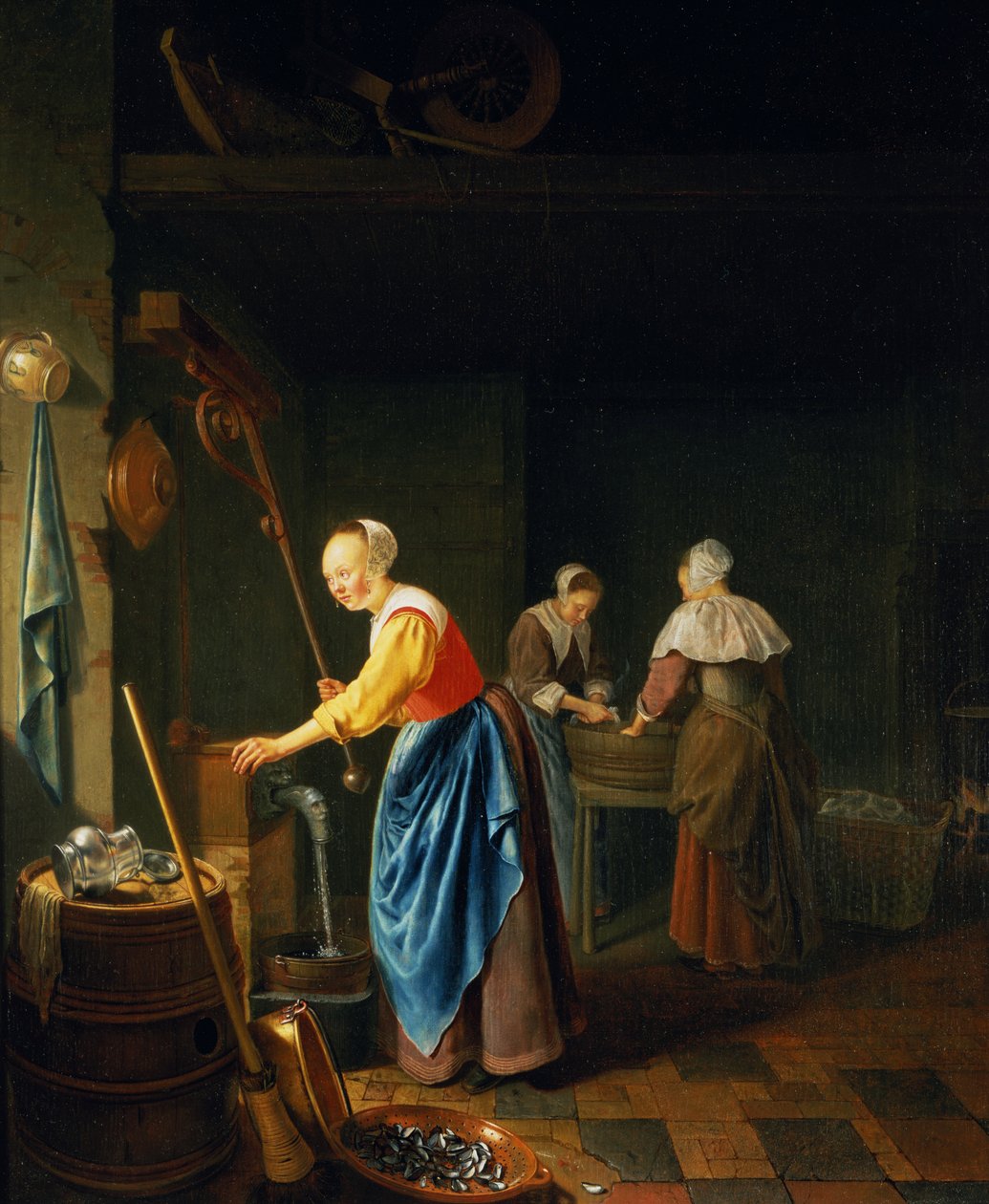 Scena di cucina con una domestica che attinge acqua da un pozzo da Pieter Cornelisz van Slingelandt