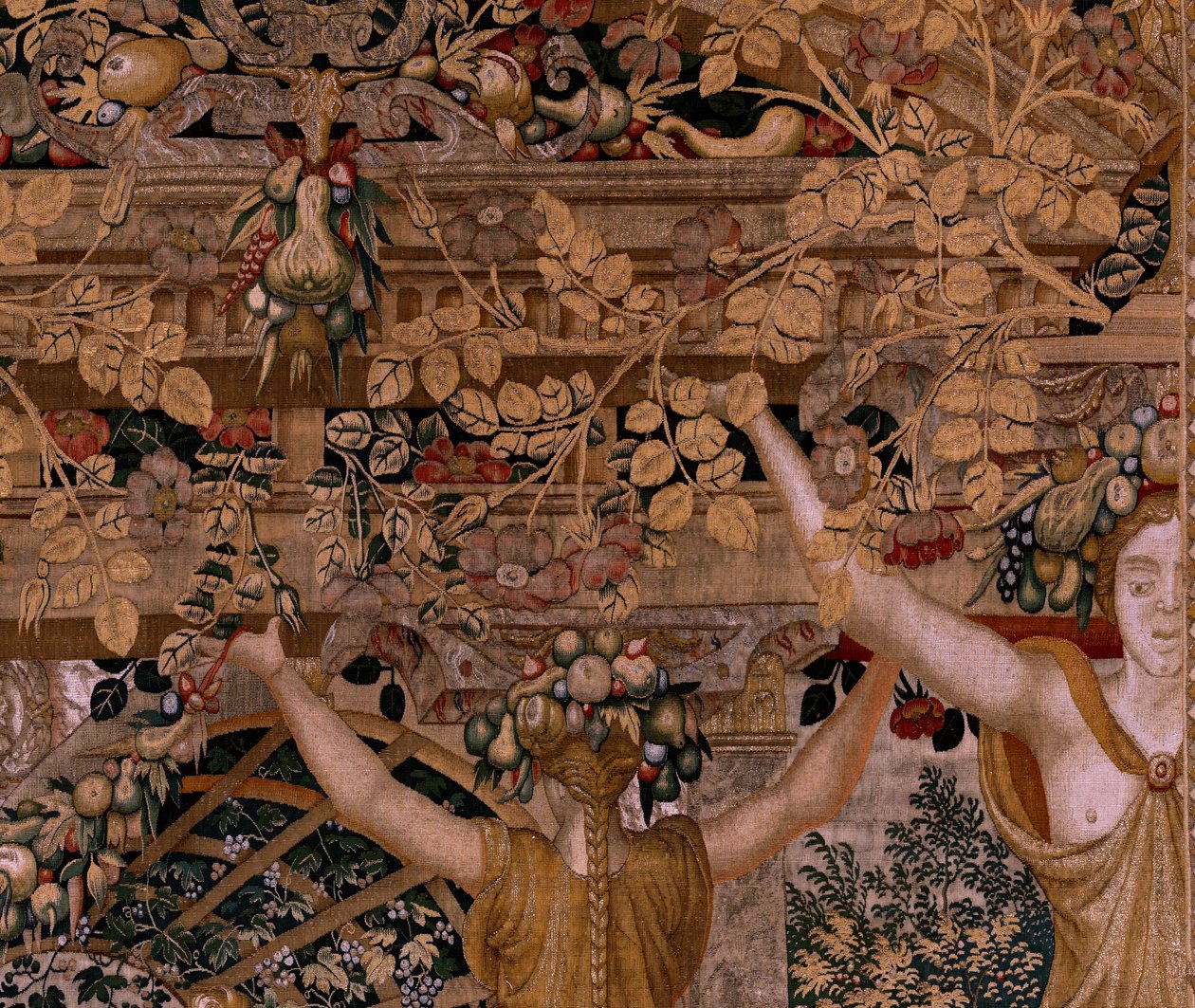 Arazzo fiammingo. Serie Vertumno e Pomona. Vertumno trasformato in contadino. Secondo arazzo della serie. Parte destra la trasformazione della ninfa Mirra. Modello Cerchia di Pieter Coecke van Aelst. Manifattura Wilhelm Pannemaker, Bruxelles. Ca 1545-1550 da Pieter (circle of) Coecke van Aelst