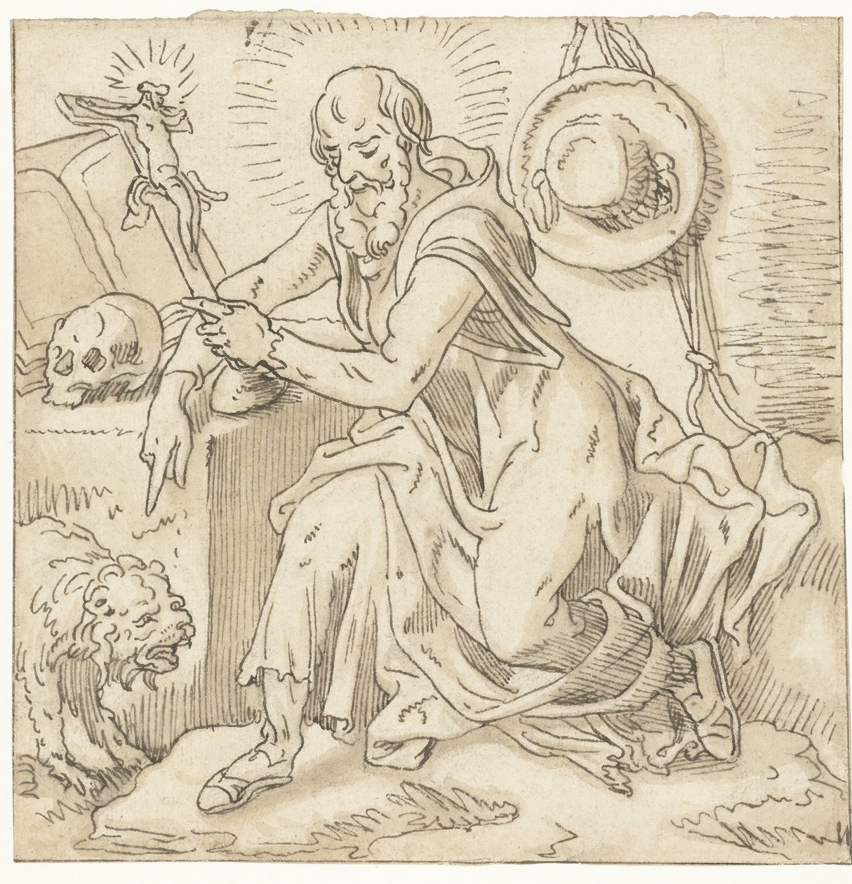 San Girolamo seduto vicino a un crocifisso, libro e teschio da Pieter Aertsen (workshop of)