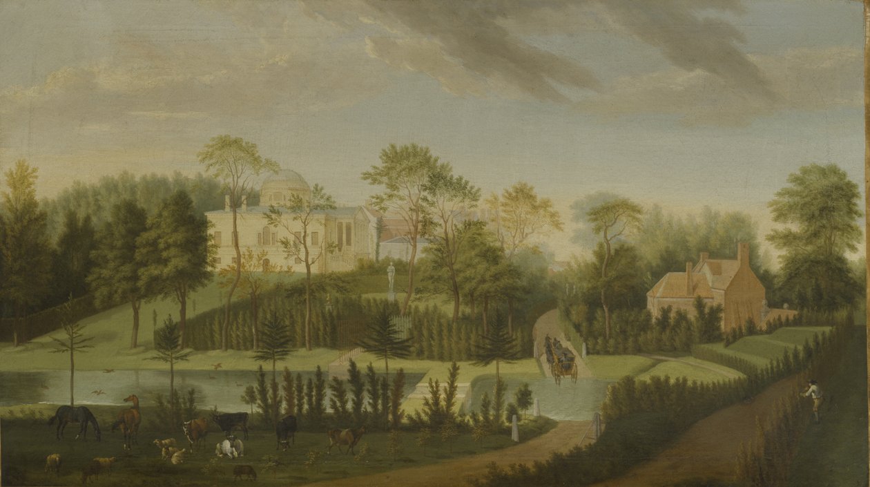 Vista della terrazza che attraversa il canale verso il lato della villa, Chiswick Villa da Pieter Andreas Rysbrack