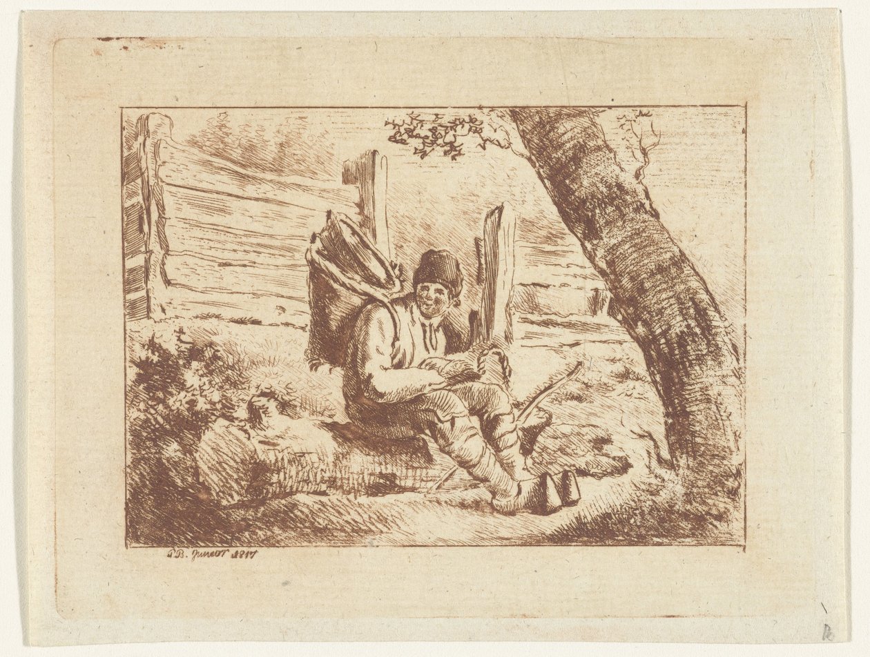 Uomo seduto con un cesto sulla schiena da Pieter Barbiers (IV)