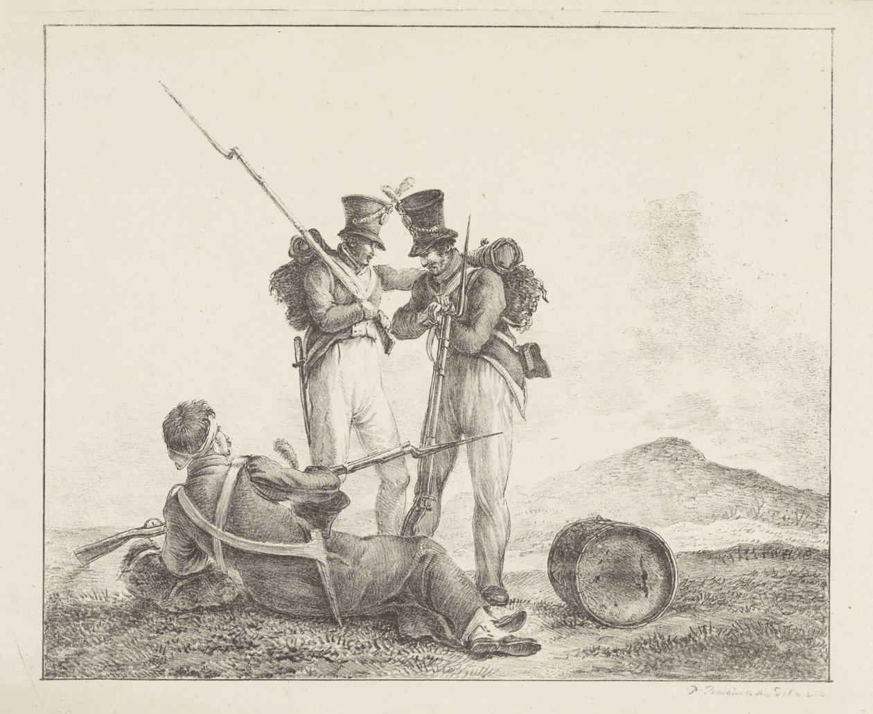 Tre soldati sul campo di battaglia da Pieter Bartholomeusz. Barbiers