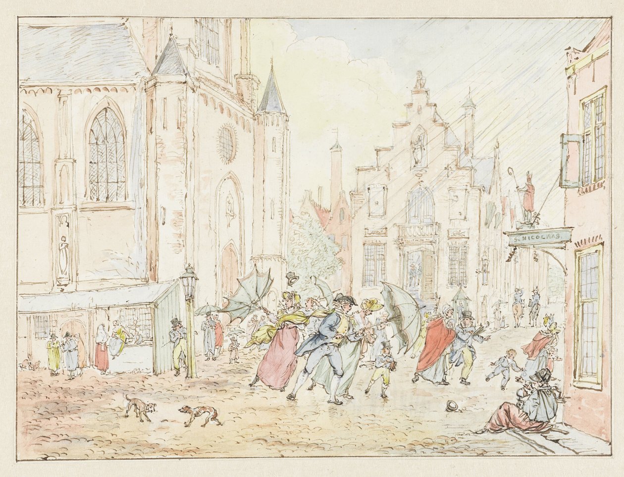 Piazza con persone sotto la pioggia da Pieter Bartholomeusz. Barbiers