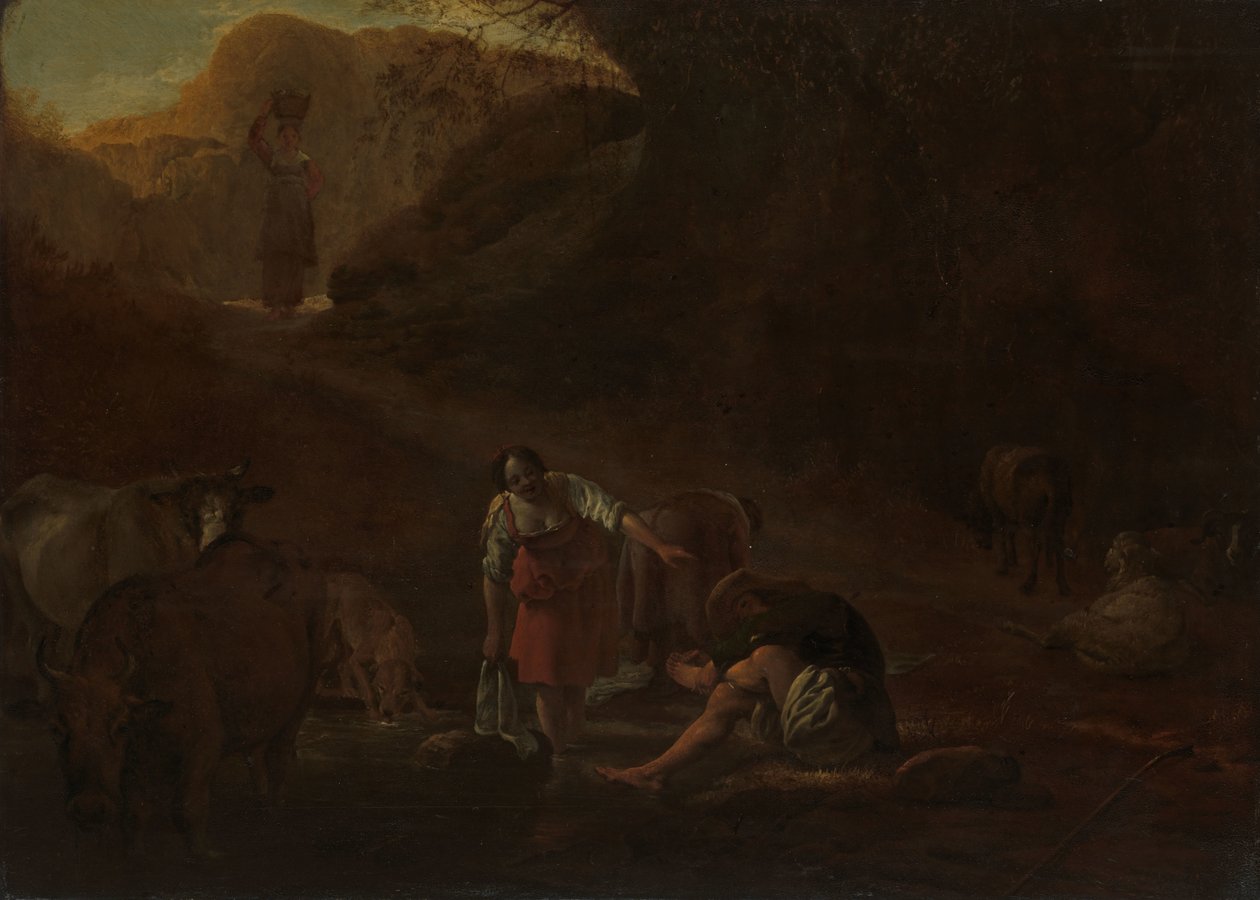 Un pastore e lavandaie a una sorgente da Pieter Bodding van Laer