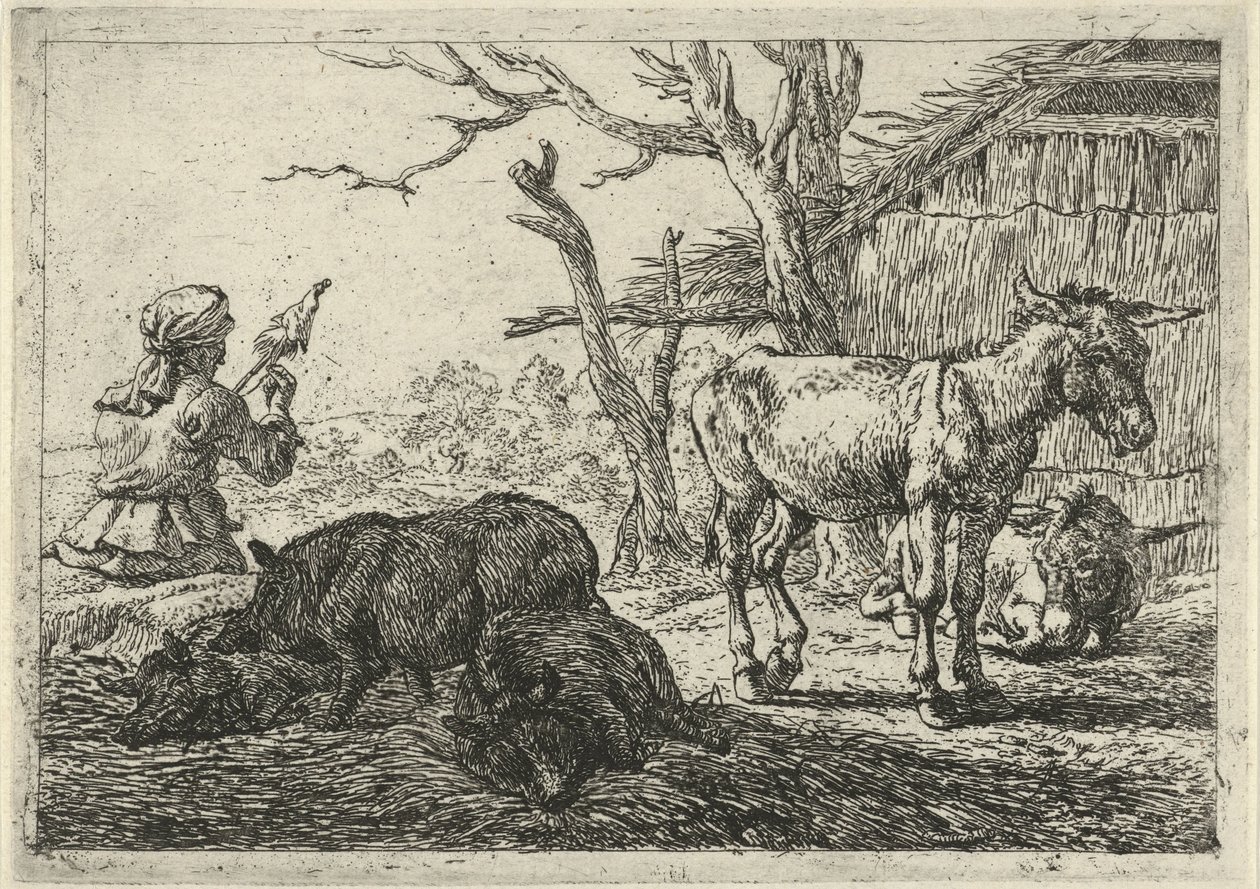 Donna che fila, maiali e asini da Pieter Bodding van Laer