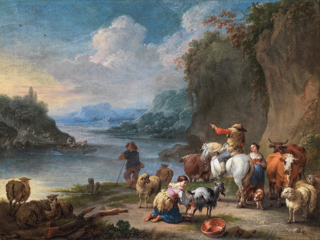 I mandriani e la loro mandria si riposano accanto a un fiume da Pieter Bout