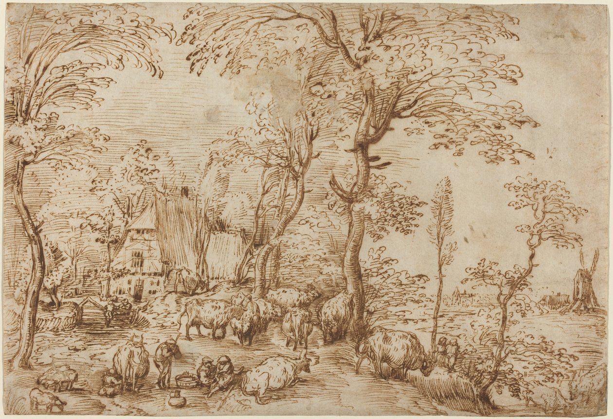 Contadini e bestiame vicino a una fattoria da Pieter Bruegel the Elder